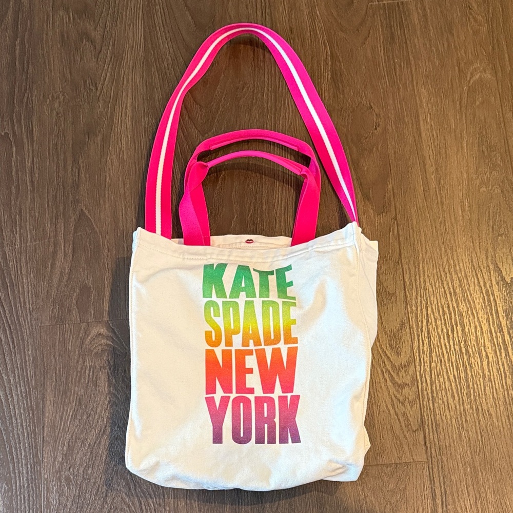 Kate Spade Cream Canvas Tote with Rainbow Text and Pink Straps-EUC